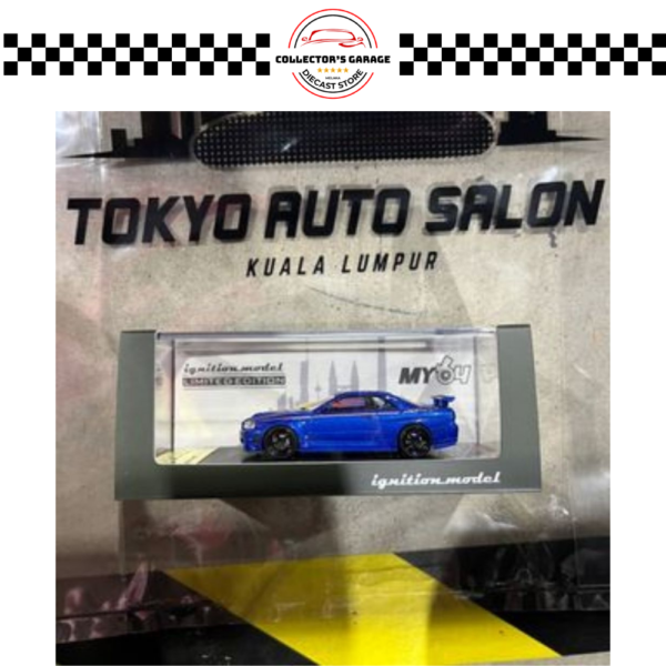 IG3838 (3) IGNITION MODEL 1/64 NISSAN SKYLINE GT-R R34 V-SPEC II BLUE METALLIC (TOKYO AUTO SALON KUALA LUMPUR 2025 EXCLUSIVE)