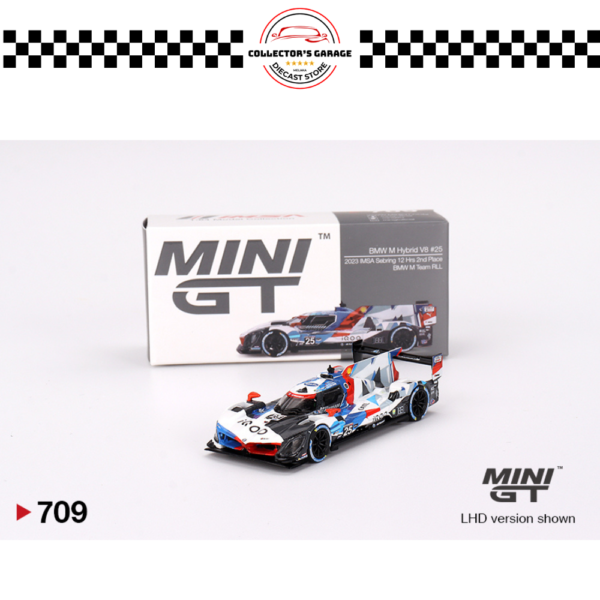 MGT00709 (2) MINI GT 1/64 #709 BMW M HYBRID V8 #25 BMW M TEAM RLL 2023 IMSA SEBRING 12 HRS 2ND PLACE