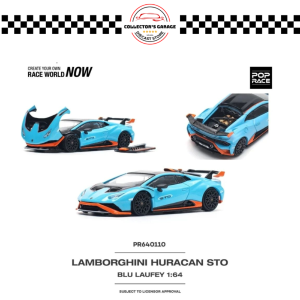 PR64-110 (3) POP RACE 1/64 #PR64-110 LAMBORGHINI HURACAN STO BLU LAUFEY ARANCIO XANTO DIECAST SCALE MODEL CAR