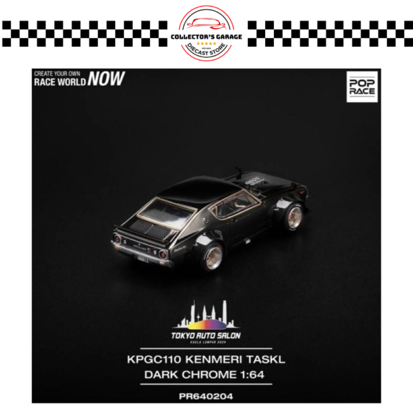 PR64-204 (2) POP RACE 1/64 TOKYO AUTO SALON KUALA LUMPUR 2024 SKYLINE KPGC110 KENMERI DARK CHROME
