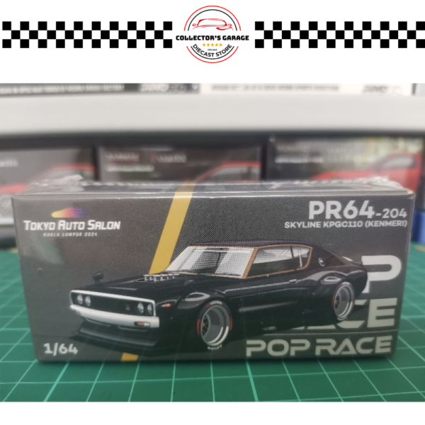 PR64-204 (3) POP RACE 1/64 TOKYO AUTO SALON KUALA LUMPUR 2024 SKYLINE KPGC110 KENMERI DARK CHROME