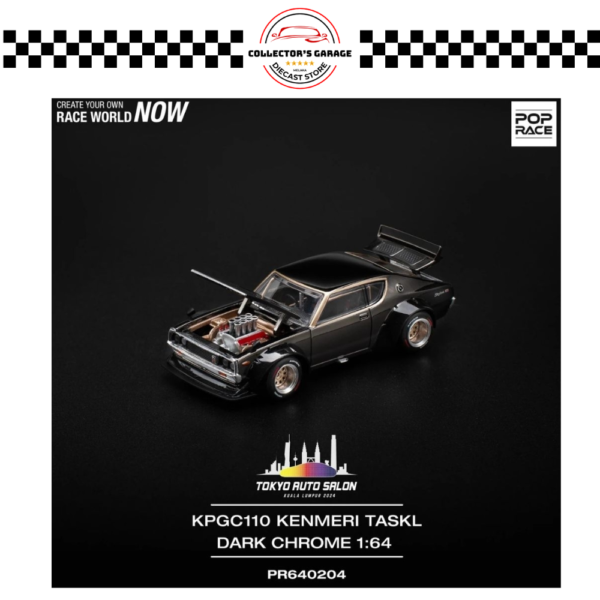 PR64-204 POP RACE 1/64 TOKYO AUTO SALON KUALA LUMPUR 2024 SKYLINE KPGC110 KENMERI DARK CHROME